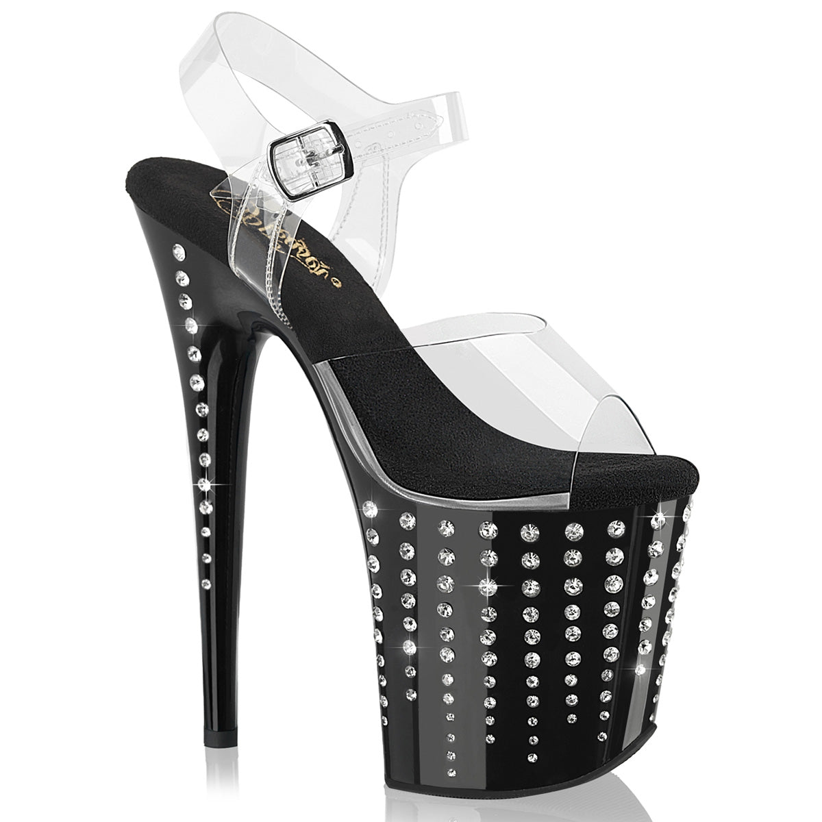 8 Inch Heel FLAMINGO-808TDRS Clear Black Silver Rhinestone by Pleaser