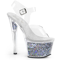 7 Inch Heel SKY-308GF Clear Silver Glitter