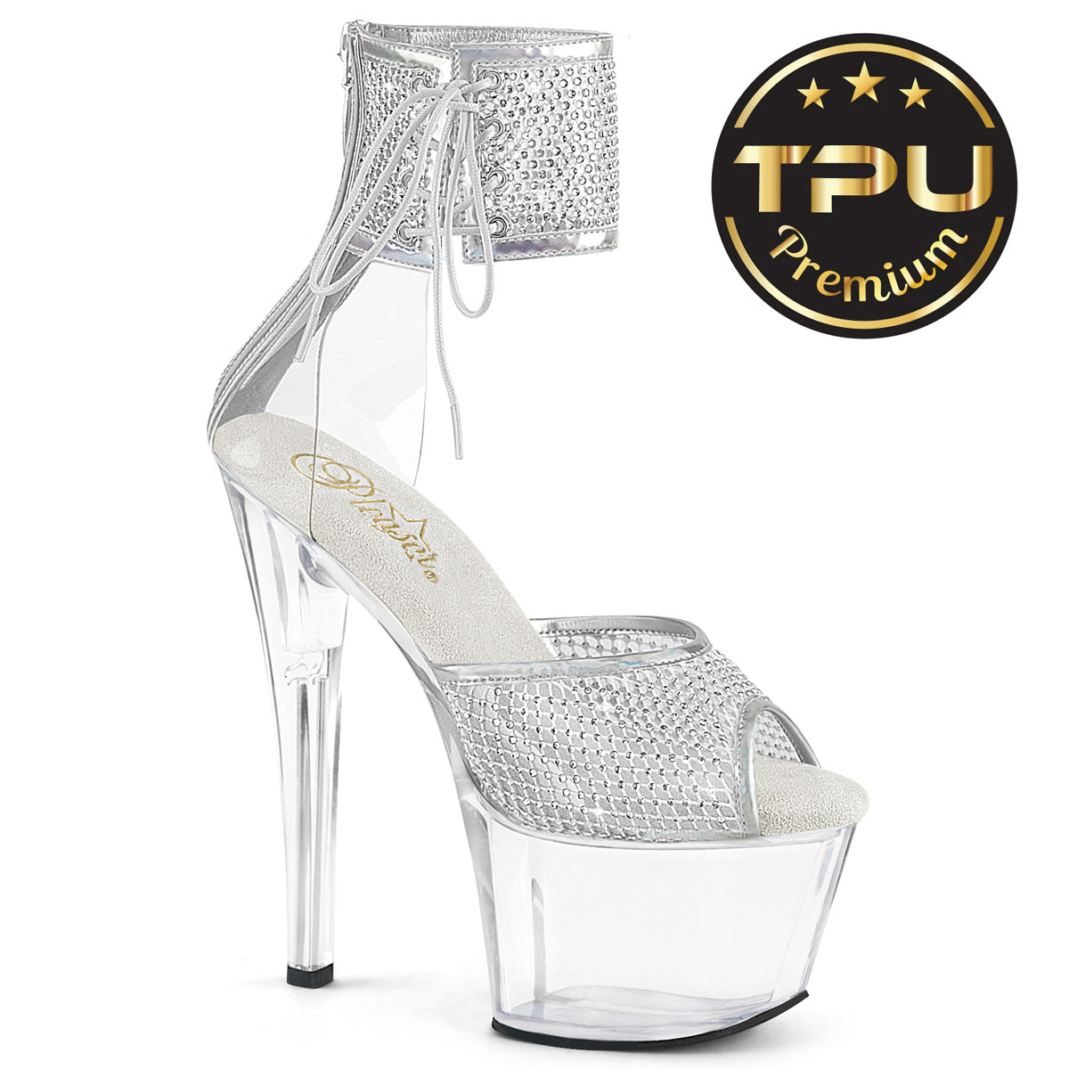 7 Inch Heel SKY-324PREM-RSNT Clear TPU Silver Rhinestone by Pleaser