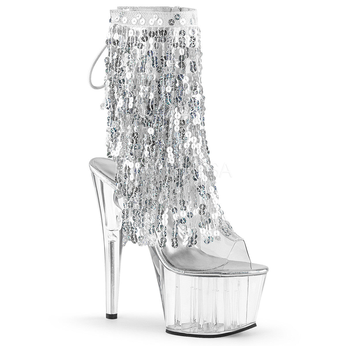 Pleaser ADORE-1017SQF Silver Sequins Fringe Ankle Boots - Shoecup.com - 1
