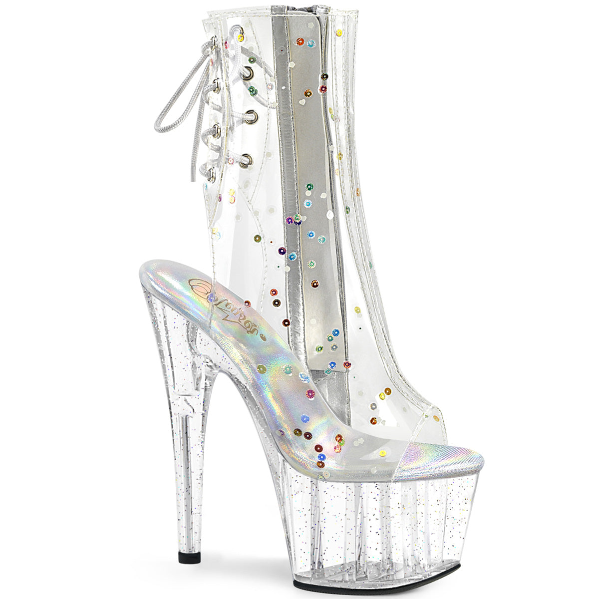 Pleaser ADORE-1018C-2 Clear TPU 7 Inch Heel, 2 3/4 Inch Platform Open Toe/Heel Ankle Boot, Side Zip