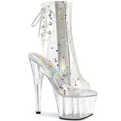 Pleaser ADORE-1018C-2 Clear TPU 7 Inch Heel, 2 3/4 Inch Platform Open Toe/Heel Ankle Boot, Side Zip