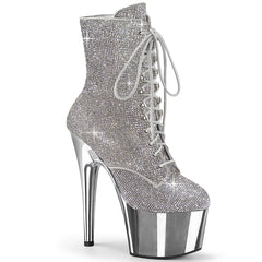 Pleaser ADORE-1020CHRS Silver Rhinestone 7 Inch Heel , 2 3/4 Inch Silver Chrome Platform Rhinestone Embellished Ankle Boot, Side Zip