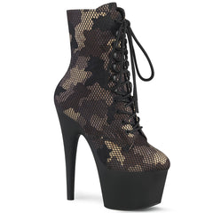 Pleaser ADORE-1020CM Green Camo 7 Inch (178mm) Heel, 2 3/4 Inch (70mm) Platform Lace-Up Front Mesh Overlay Ankle Boot, Inside Zip Closure