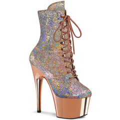 Pleaser ADORE-1020HM Rose Gold Holo Metallic Pu 7 Inch Heel, 2 3/4 Inch Platform Lace-Up Front Ankle Boot, Side ZIp