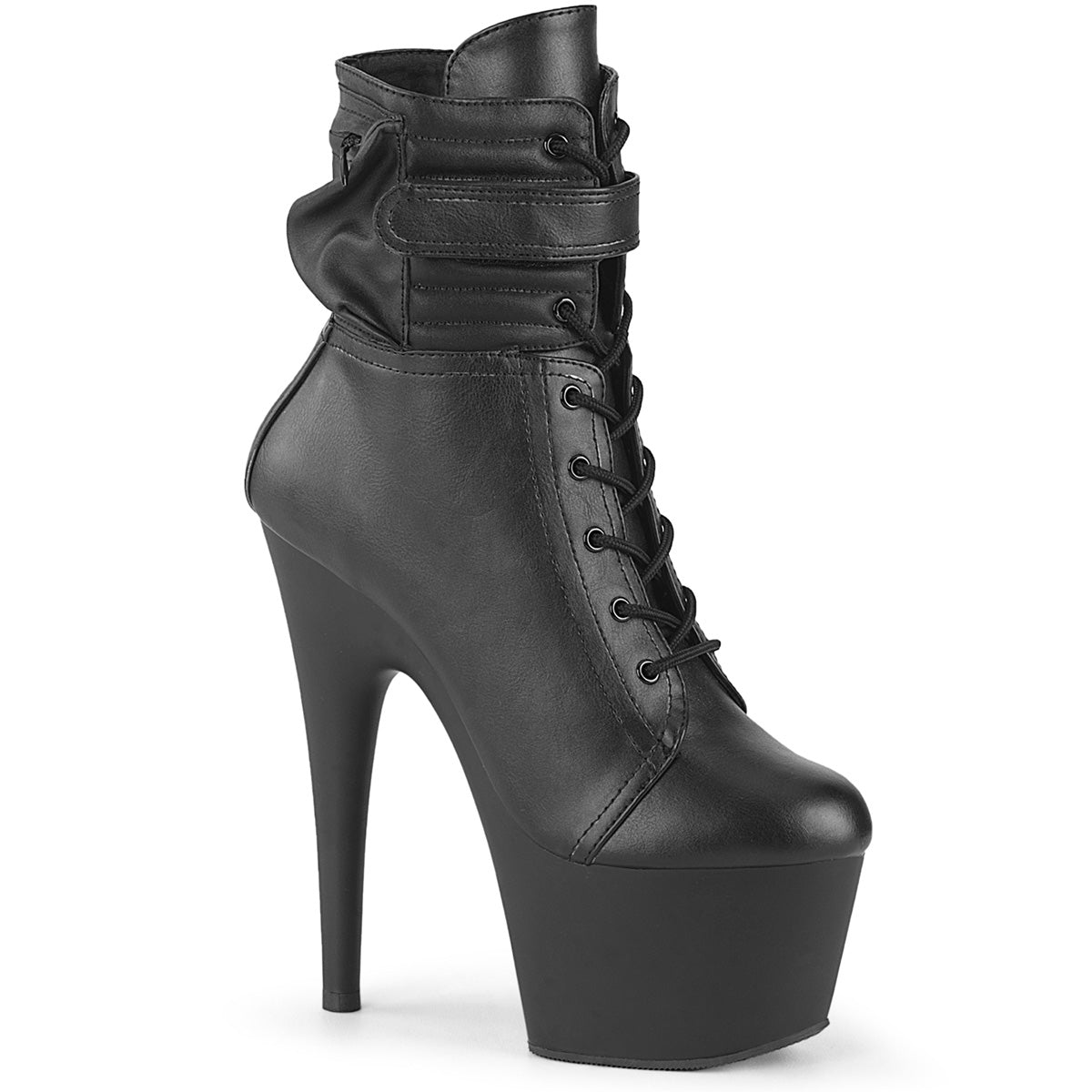 Pleaser ADORE-1020POUCH Black Faux Leather 7 Inch Heel, 2 3/4 Inch Platform Lace-Up Front Ankle Boot, Side Zip