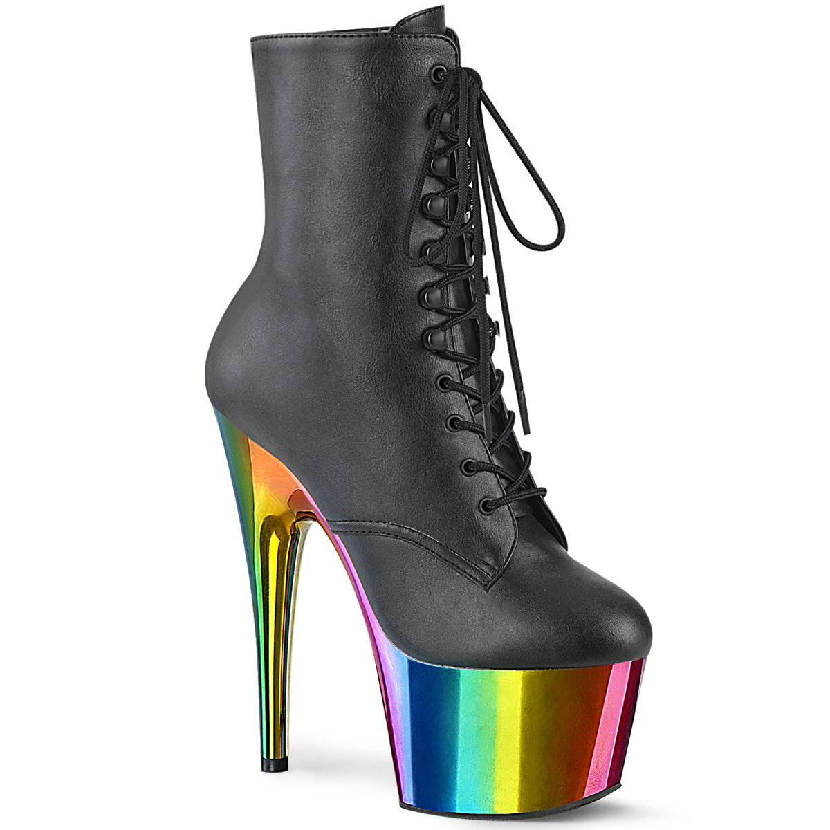 Pleaser ADORE-1020RC Black Faux Leather-Rainbow Chrome 7 Inch Heel, 2 3/4 Inch Chromed Platform Lace-Up Ankle Boot, Side Zip