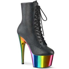 Pleaser ADORE-1020RC Black Faux Leather-Rainbow Chrome 7 Inch Heel, 2 3/4 Inch Chromed Platform Lace-Up Ankle Boot, Side Zip
