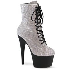 Pleaser ADORE-1020RS Silver Rhinestone-Black Matte 7 Inch Heel , 2 3/4 Inch Platform Rhinestone Embellished Ankle Boot, Side Zip