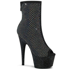 Pleaser ADORE-1031GM Black Fabric-Rhinestone Mesh 7 Inch Heel, 2 3/4 Inch Platform Peep Toe Ankle Boot, Back Zip