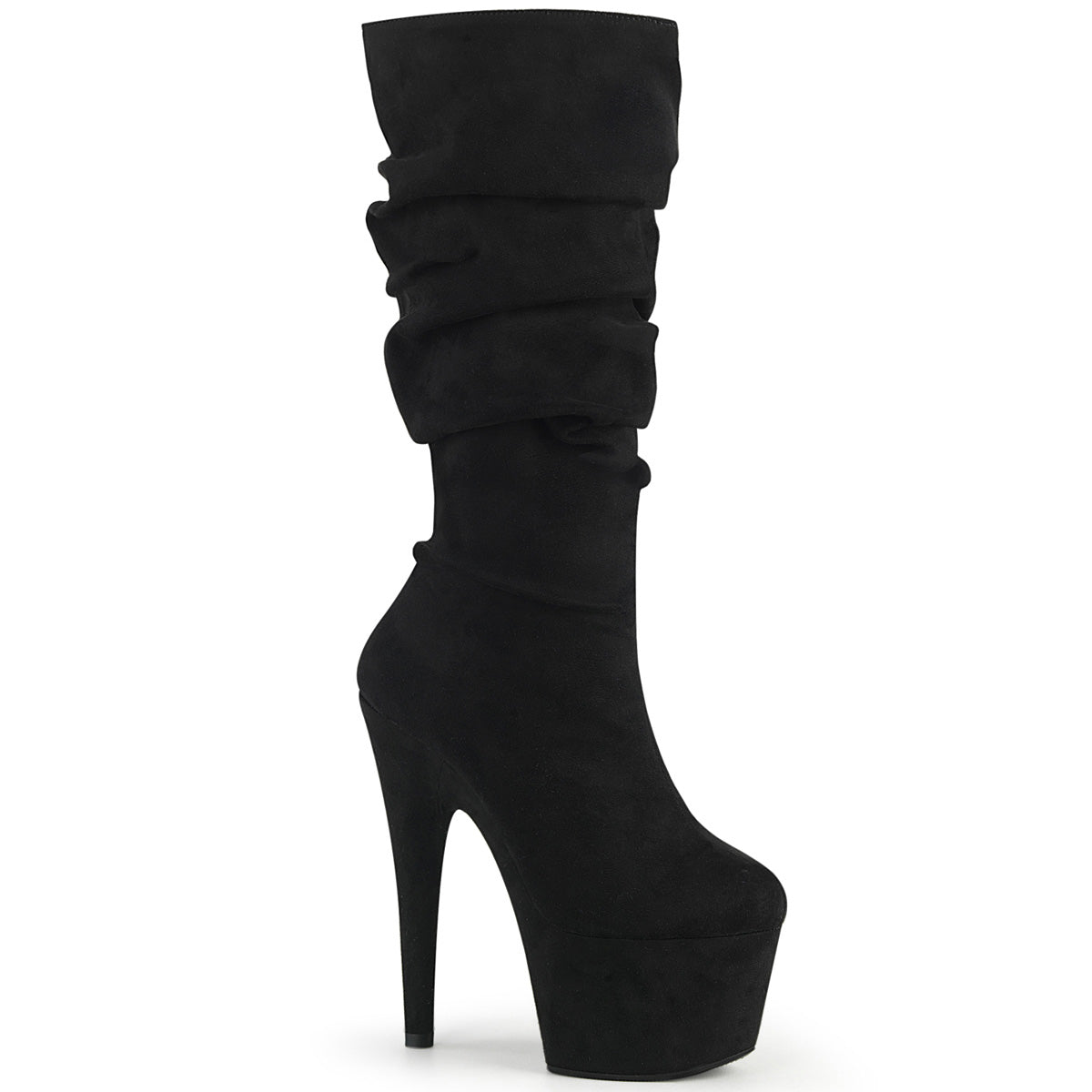 Pleaser ADORE-1061 Black Faux Suede 7 Inch (178mm) Heel, 2 3/4 Inch (70mm) Platform Slouch Mid-Calf Boot Featuring Fully Wrapped Platform Bottom, Inside Zip Closure