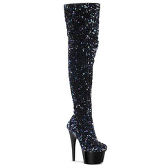Pleaser ADORE-3020 Black Multi Seuqins 7 Inch (178mm) Heel, 2 3/4 Inch (70mm) Platform Stretch  Sequin Thigh High Boot Featuring Multi Sequined Body, Inside Zip Closure