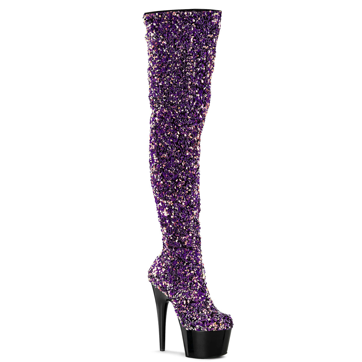 Pleaser ADORE-3020 Purple Multi Sequins 7 Inch (178mm) Heel, 2 3/4 Inch (70mm) Platform Stretch Sequin Thigh High Boot Featuring Multi Sequined Body, Inside Zip Closure