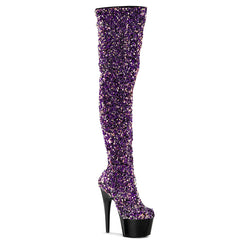 Pleaser ADORE-3020 Purple Multi Sequins 7 Inch (178mm) Heel, 2 3/4 Inch (70mm) Platform Stretch Sequin Thigh High Boot Featuring Multi Sequined Body, Inside Zip Closure
