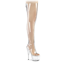 Pleaser ADORE-3021 Clear TPU-Silver Metallic 7 Inch (178mm) Heel, 2 3/4 Inch (70mm) Platform Open Toe Thigh High Boot, Back Zip Closure