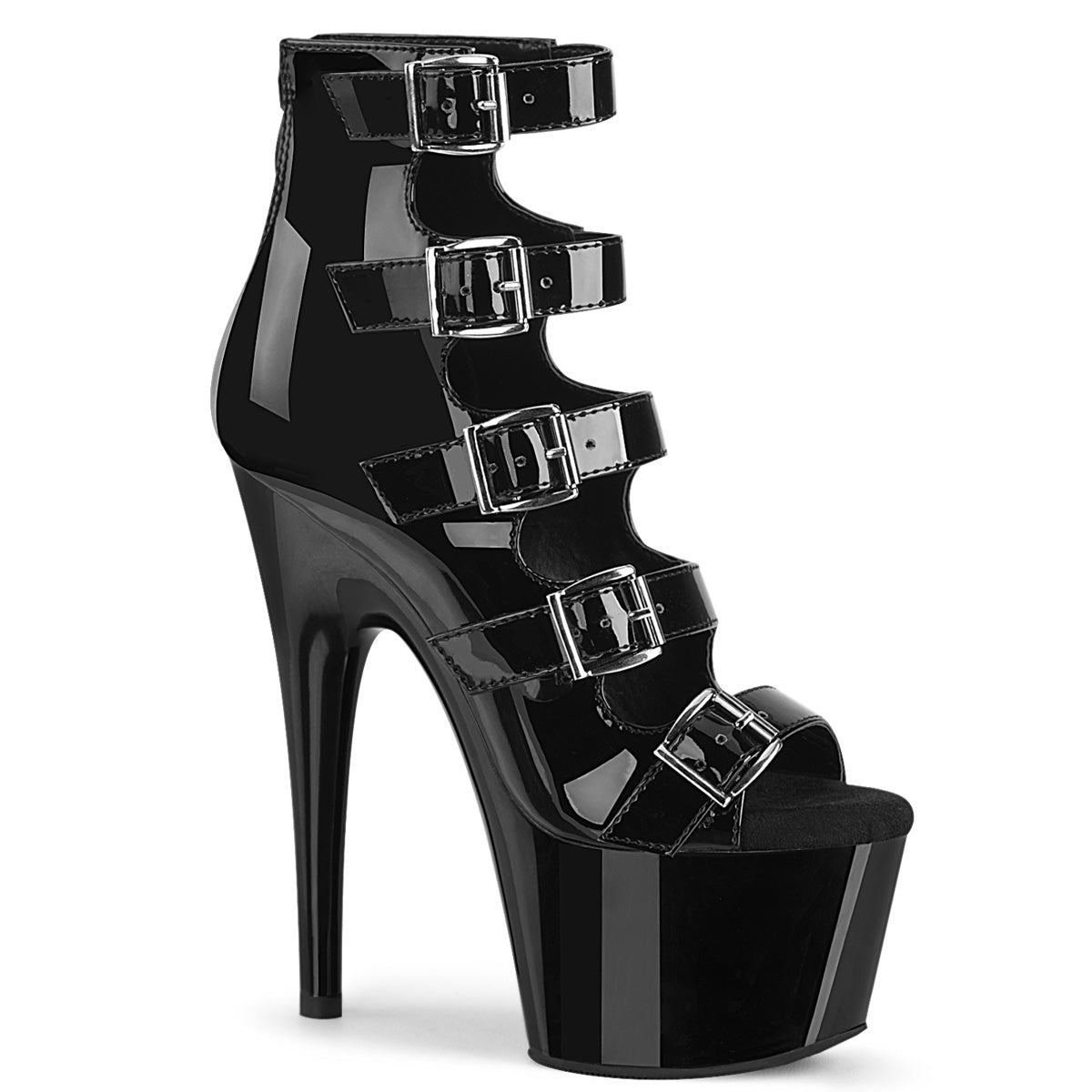 Pleaser ADORE-700-33 Black Pat 7 Inch (178mm) Heel, 2 3/4 Inch (70mm) Platform Open Toe Open Front Ankle Bootie Featuring Multiple Buckles, Back Zip Closure