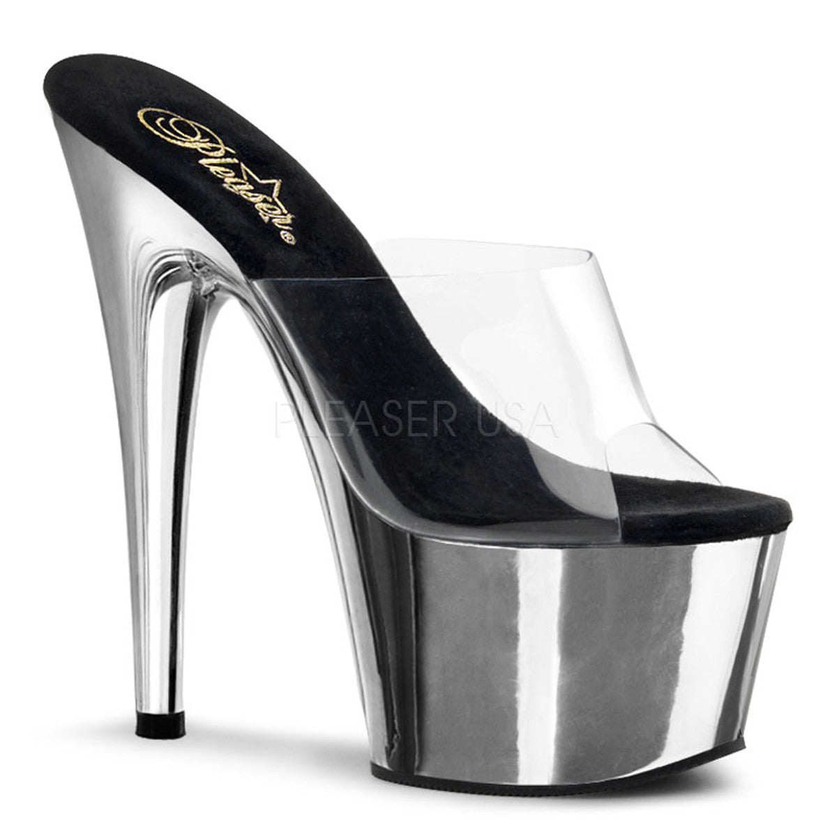 PLEASER ADORE-701 Clear-Silver Chrome Platform Slides - Shoecup.com - 1