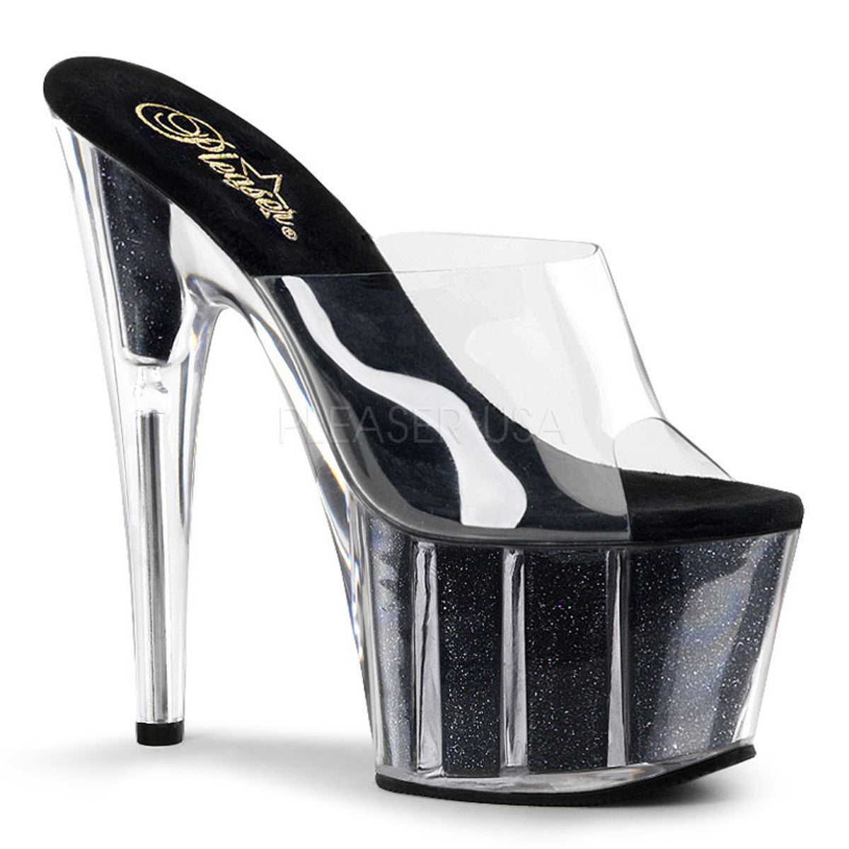 PLEASER ADORE-701G Clear-Black Glitter Platform Slides - Shoecup.com - 1