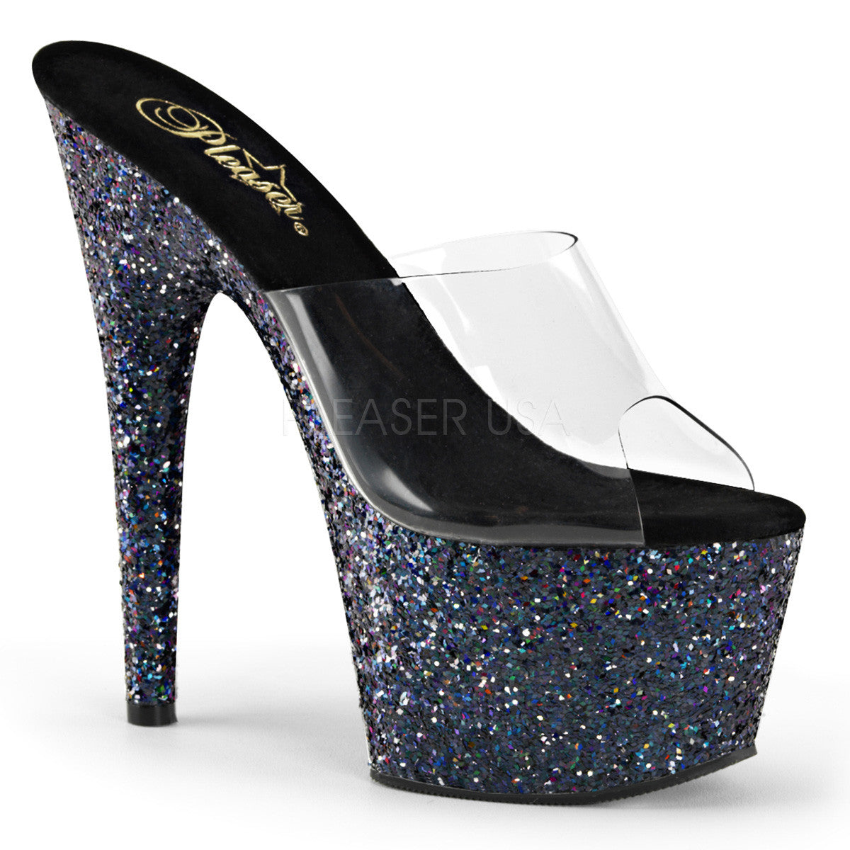 Pleaser ADORE-701LG Clear with Black Holo Glitter Platform Slides - Shoecup.com - 1