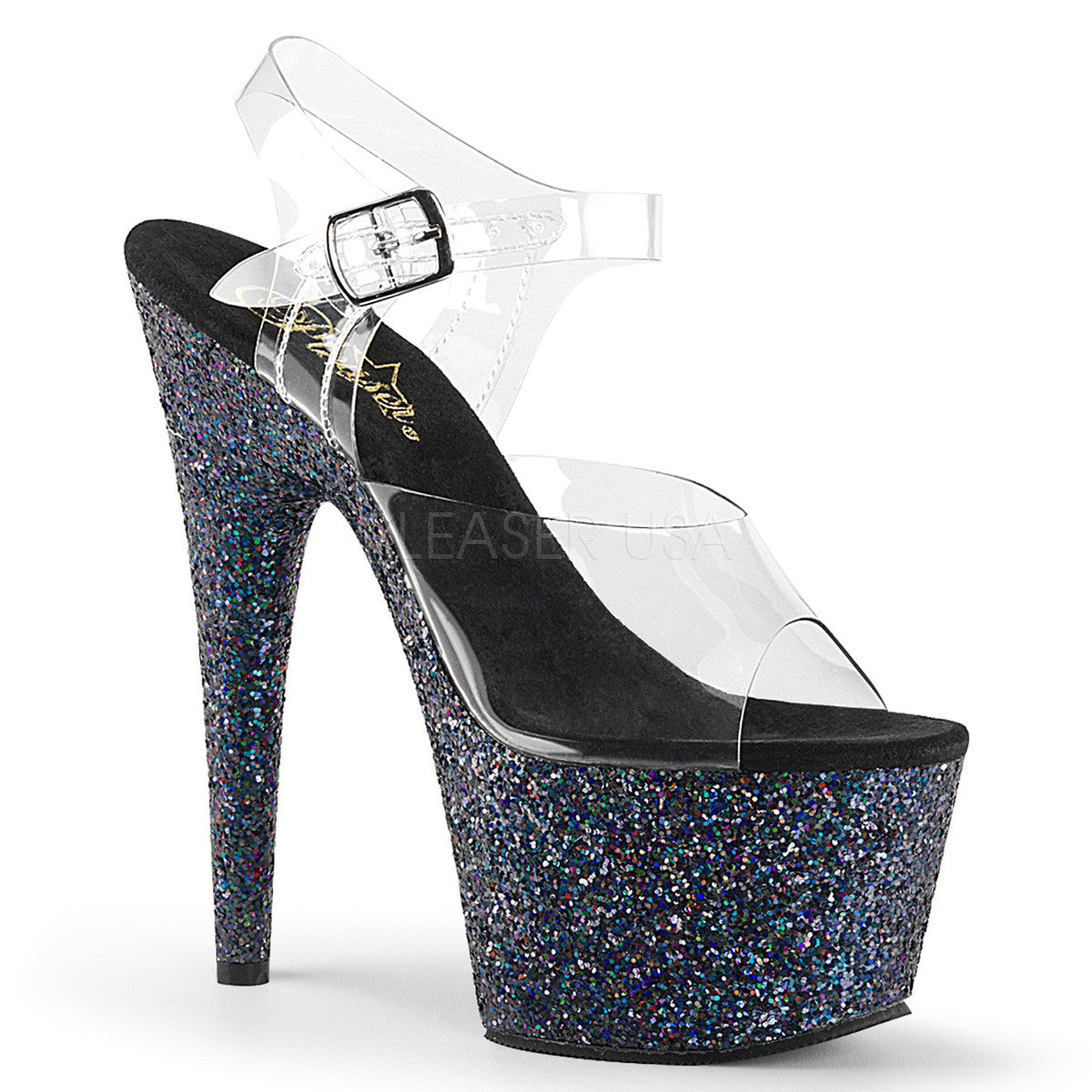Pleaser ADORE-708LG Black Holo Glitter Exotic Dancing Sandals - Shoecup.com - 1
