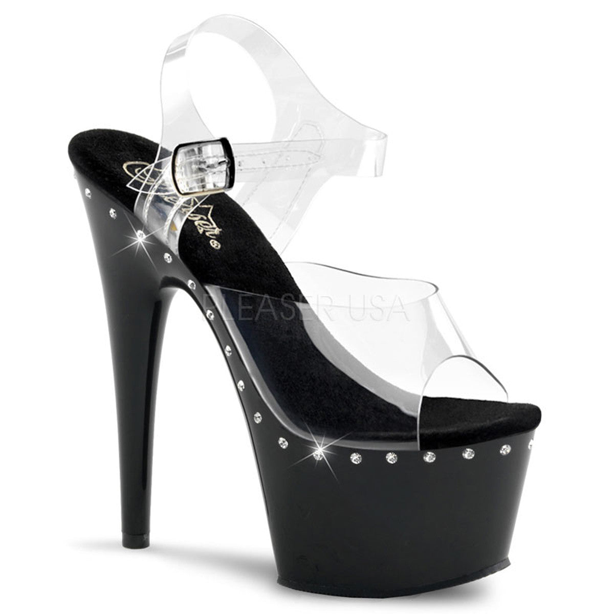 PLEASER ADORE 708LS Clear Black 7 Inch Heel Ankle Strap Stripper Heels Shoecup