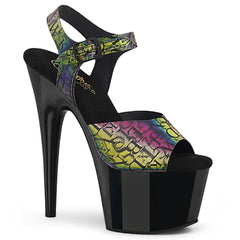 Pleaser ADORE-708N-LTP Green-Purple TPU-Black 7 Inch (178mm) Heel, 2 3/4 Inch (70mm) Platform Ankle Strap Sandal Featuring Holographic Letter Print Upper