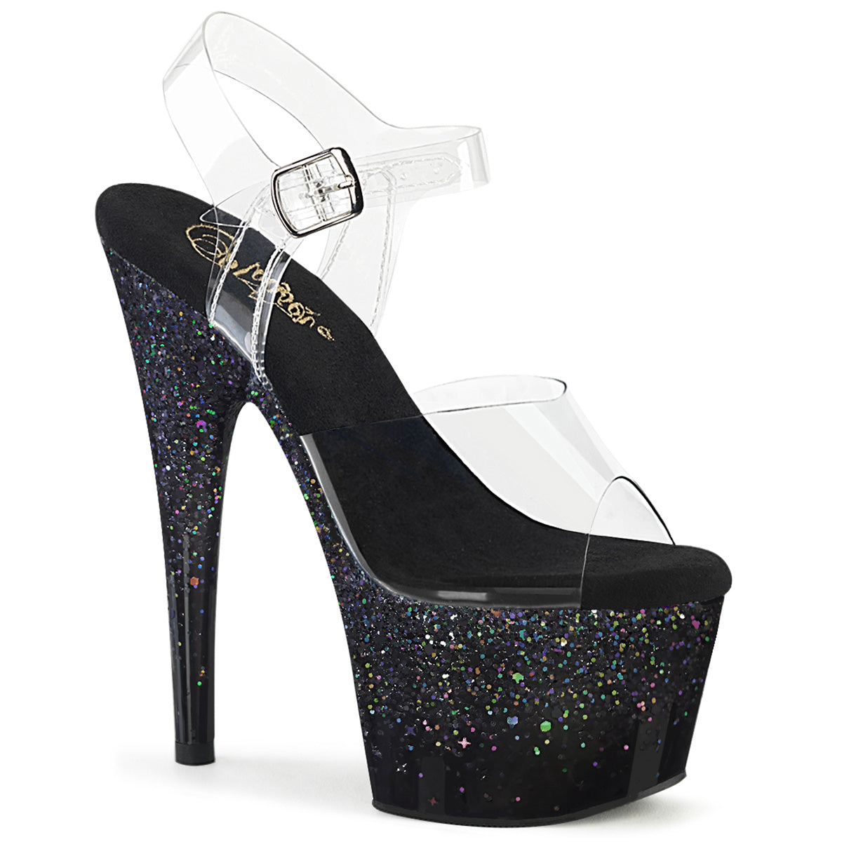 7 Inch Heel ADORE-708SS Clear Black Glitter