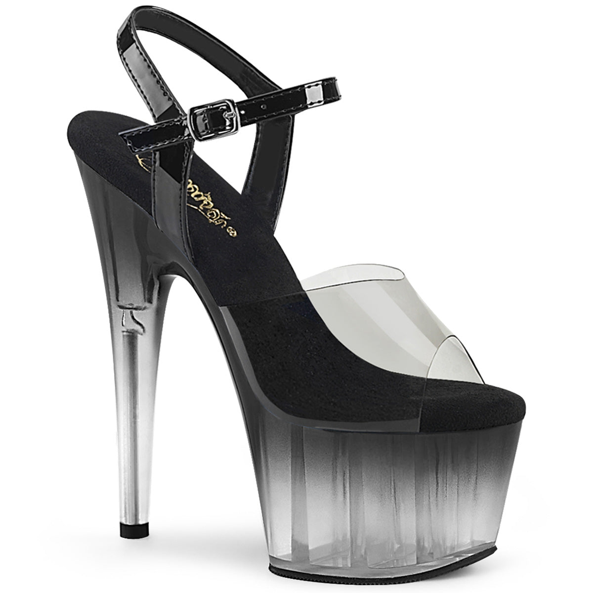 Pleaser ADORE-708T-2 Smoke-Black-Black-Clear Ombre 7 Inch (17.8cm) Stiletto Heel, 2 3/4 Inch (7cm) Ankle Strap Sandal Featuring Clear/Black Ombre Platform Bottom