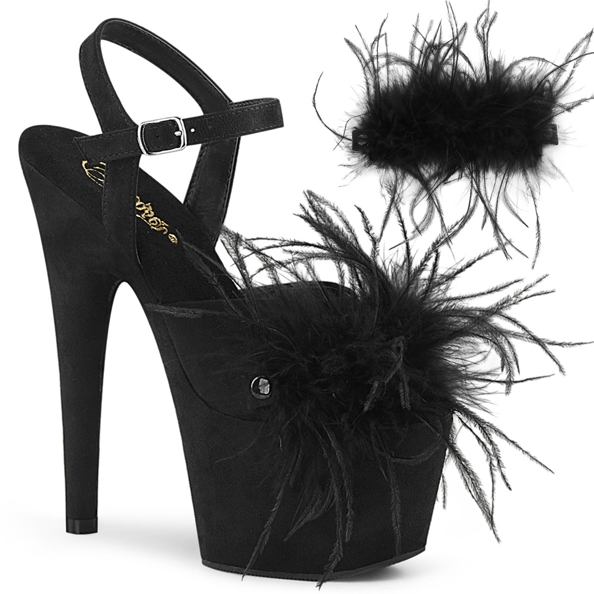 7" Heel ADORE-709F Black Suede Feather