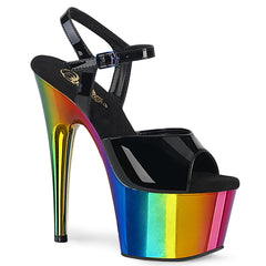 Pleaser ADORE-709RC Black Pat-Rainbow Chrome 7 Inch (178mm) Heel, 2 3/4 Inch (70mm) Platform Ankle Strap Sandal Featuring Rainbow Chrome Plated Platform Bottom