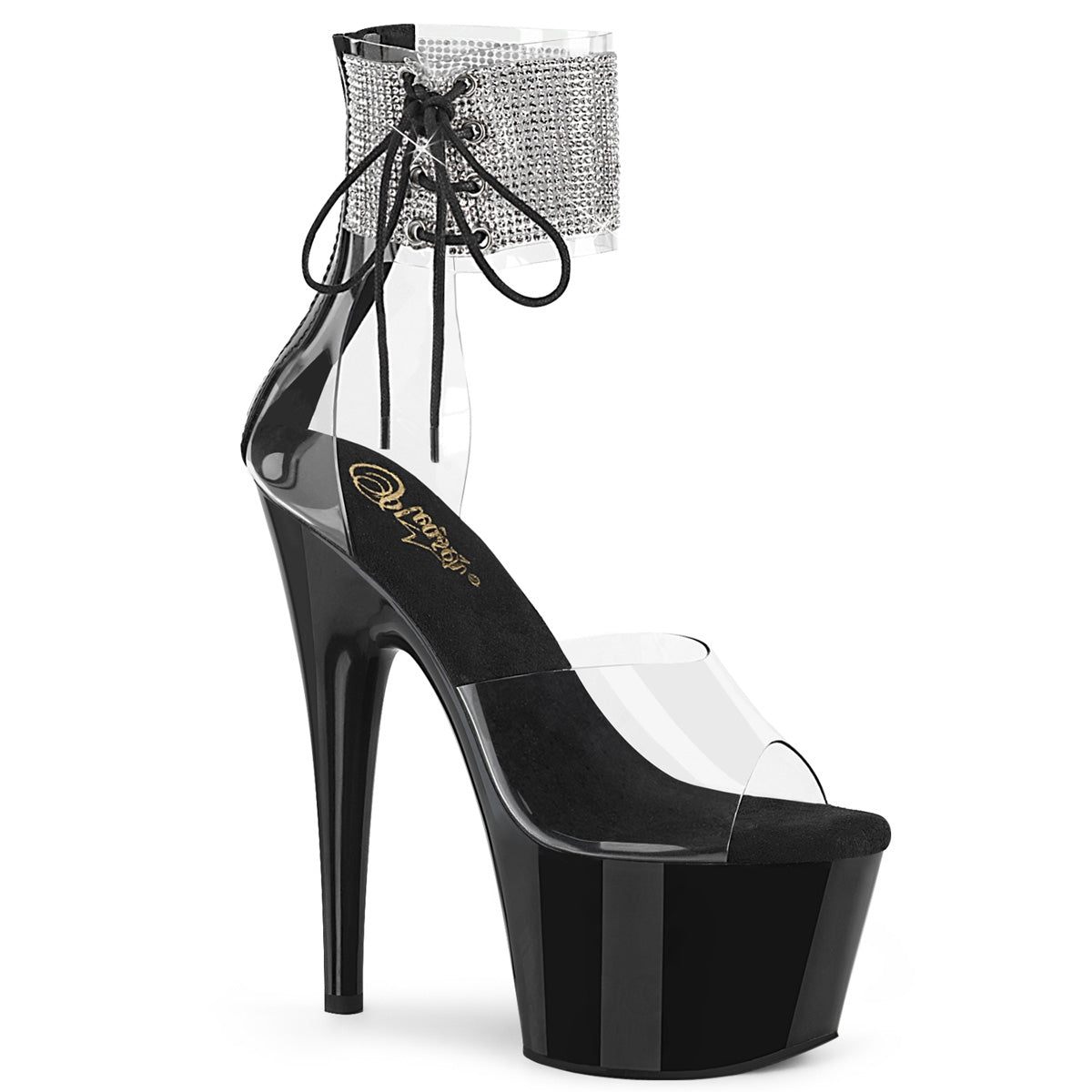 Pleaser ADORE-724RS Clear-Black 7 Inch (178mm) Heel, 2 3/4 Inch (70mm) Platform Close Back Rhinestone Embellished Ankle Cuff Sandal With Side Lacing, Back Zip Closure