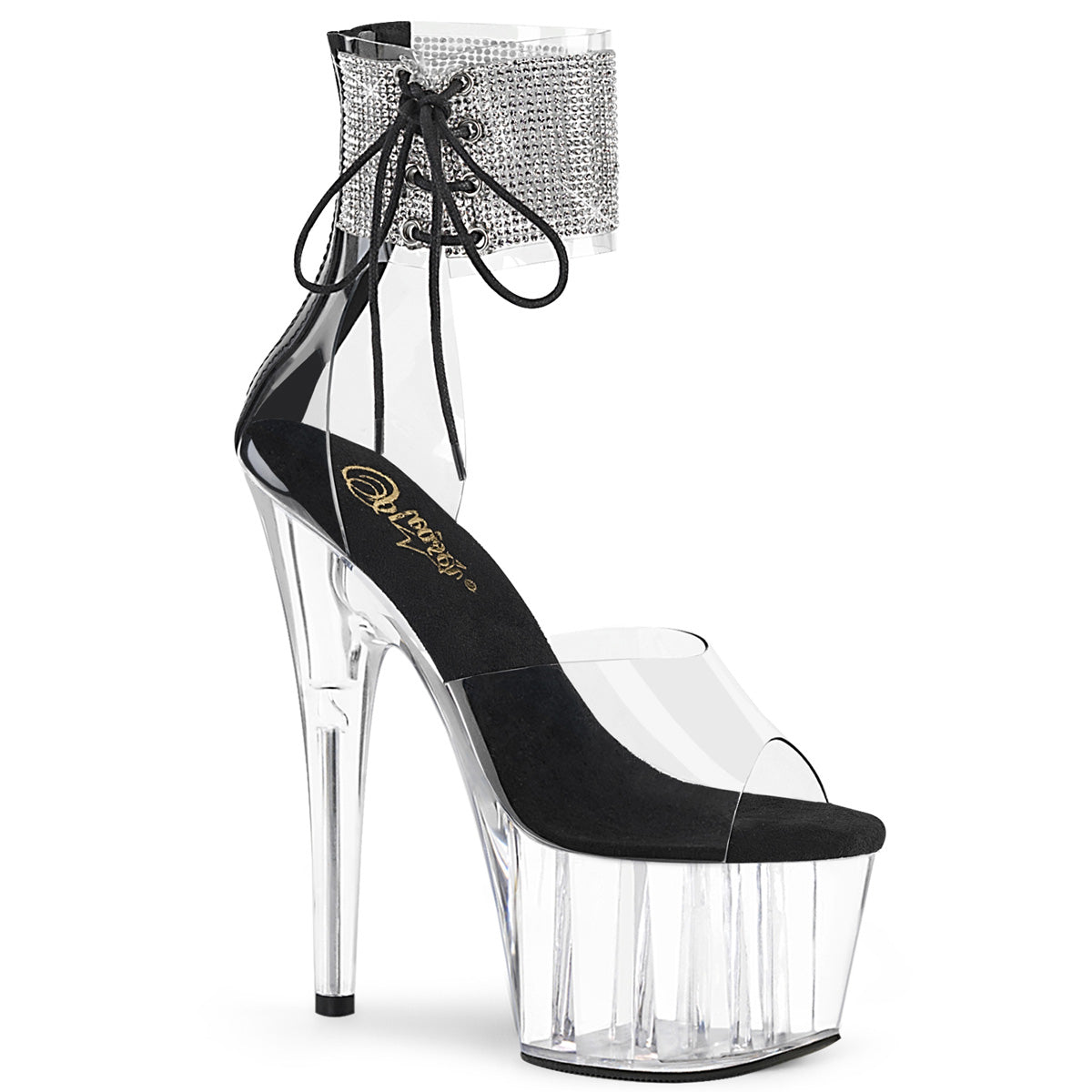Pleaser ADORE-724RS Clear-Black-Clear 7 Inch (178mm) Heel, 2 3/4 Inch (70mm) Platform Close Back Rhinestone Embellished Ankle Cuff Sandal With Side Lacing, Back Zip Closure