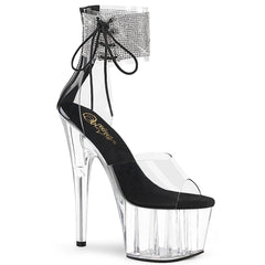 Pleaser ADORE-724RS Clear-Black-Clear 7 Inch (178mm) Heel, 2 3/4 Inch (70mm) Platform Close Back Rhinestone Embellished Ankle Cuff Sandal With Side Lacing, Back Zip Closure