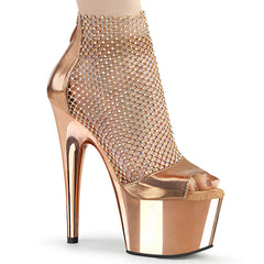 Pleaser ADORE-765RM Rose Gold Metallic Pu-Rhinestone Mesh 7 Inch (178mm) Heel, 2 3/4 Inch (70mm) Platform Close Back Rhinestone Mesh Shootie Sandal With Elastic Ankle Band, Back Zip Closure