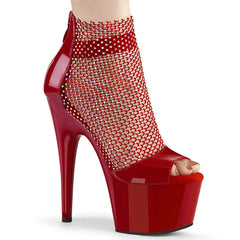 Pleaser ADORE-765RM Red Pat-Rhinestone Mesh 7 Inch (178mm) Heel, 2 3/4 Inch (70mm) Platform Close Back Rhinestone Mesh Shootie Sandal With Elastic Ankle Band, Back Zip Closure