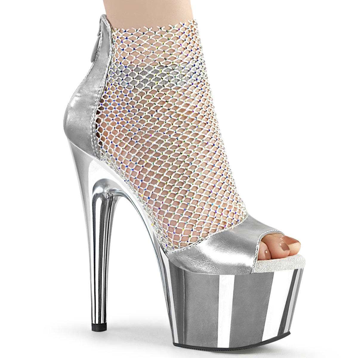 Pleaser ADORE-765RM Silver Metallic Pu-Rhinestone Mesh 7 Inch (178mm) Heel, 2 3/4 Inch (70mm) Platform Close Back Rhinestone Mesh Shootie Sandal With Elastic Ankle Band, Back Zip Closure
