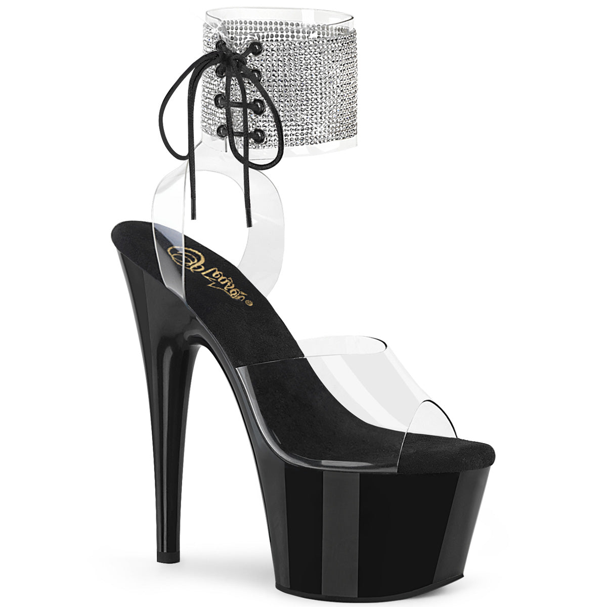 Pleaser ADORE-791-2RS Clear-Black 7 Inch (178mm) Heel, 2 3/4 Inch (70mm) Platform Rhinestone Embellished Ankle Cuff Sandal With Side Lacing