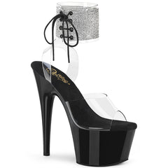 Pleaser ADORE-791-2RS Clear-Black 7 Inch (178mm) Heel, 2 3/4 Inch (70mm) Platform Rhinestone Embellished Ankle Cuff Sandal With Side Lacing