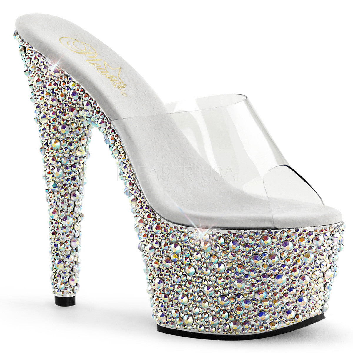 PLEASER BEJEWELED-701MS Clear-Silver Multi Rhinestone Platform Slides - Shoecup.com - 1
