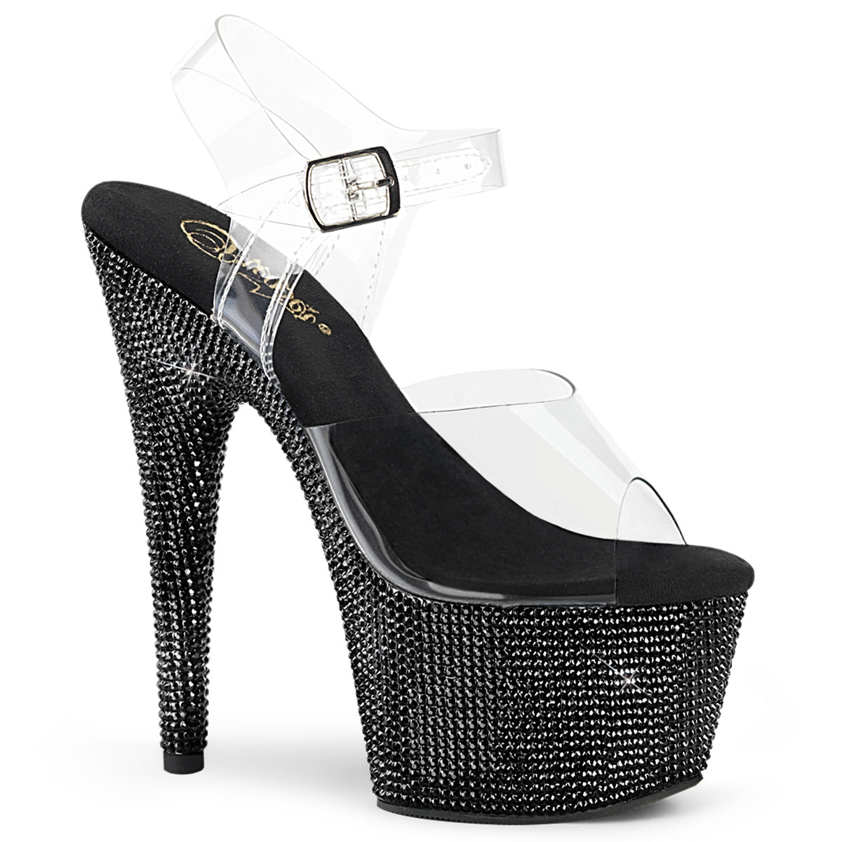 Pleaser BEJEWELED-708DM Clear-Black Rhinestone 7 Inch (178mm) Heel, 2 3/4 Inch (70mm) Platform Ankle Strap Sandal Featuring Rhinestones Encrusted All-Over the Entire Platform Bottom