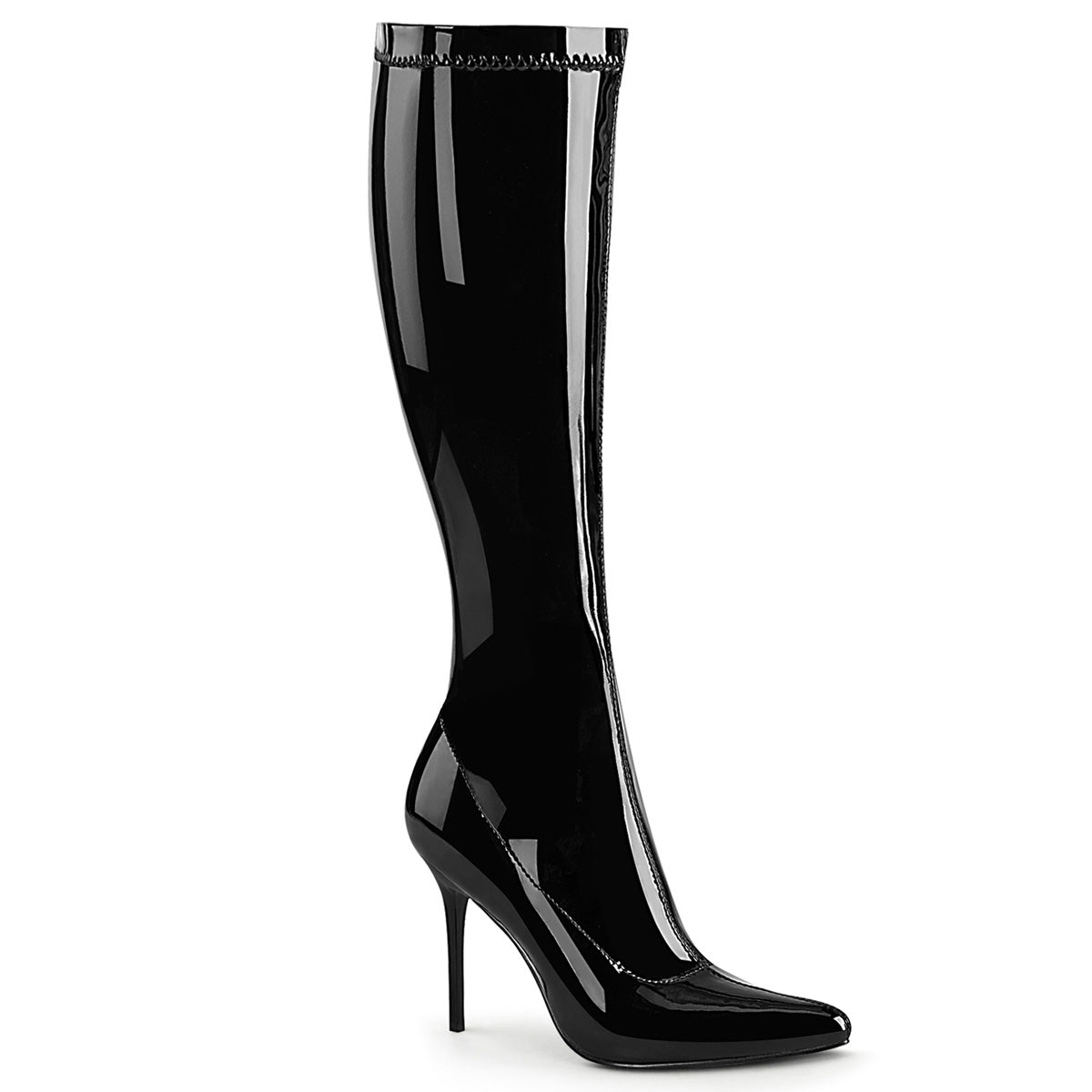 Pleaser CLASSIQUE-2000 Black Stretch Pat 4 Inch (102mm) Heel Stretch Knee High Boot, Inside Zip Closure