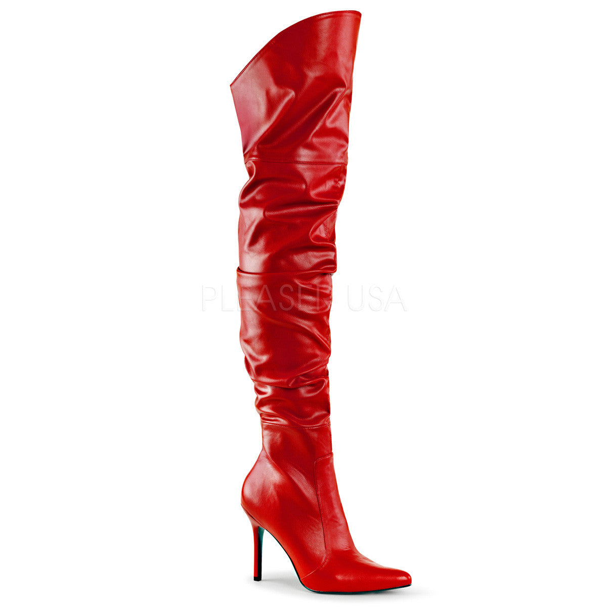Pleaser CLASSIQUE-3011 Red Faux Leather Thigh High Boots - Shoecup.com