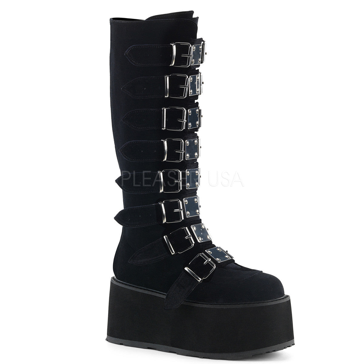 3 1/2" Platform Knee High Boot With 8 Buckle Straps, Back Metal Zip