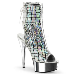 Pleaser DELIGHT-1018HG Silver Hologram Ostrich Pu Open Toe Ankle Boots - Shoecup.com