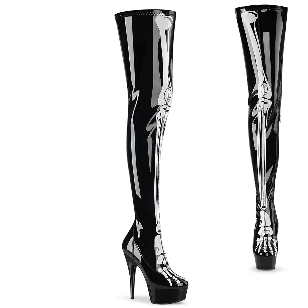 Pleaser DELIGHT-3000BONE Black Stretch Pat 6 Inch Heel, 1 3/4 Inch Platform Stretch Thigh Boot With Bone, Inside Zip