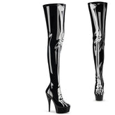 Pleaser DELIGHT-3000BONE Black Stretch Pat 6 Inch Heel, 1 3/4 Inch Platform Stretch Thigh Boot With Bone, Inside Zip