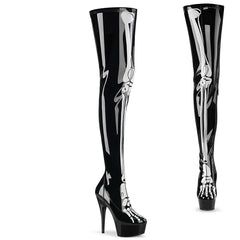 Pleaser DELIGHT-3000BONE Black Stretch Pat 6 Inch Heel, 1 3/4 Inch Platform Stretch Thigh Boot With Bone, Inside Zip