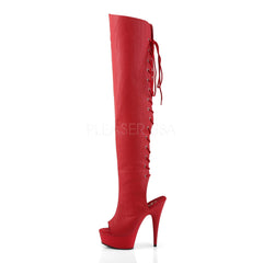 Pleaser DELIGHT-3019 Red Faux Leather Thigh High Boots With Red Matte Platform