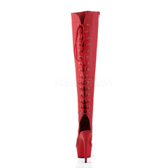 Pleaser DELIGHT-3019 Red Faux Leather Thigh High Boots With Red Matte Platform