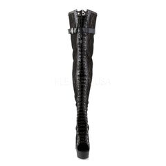 Pleaser DELIGHT-3025ML Black Pu-Mesh-Lace Open Toe Thigh Boots